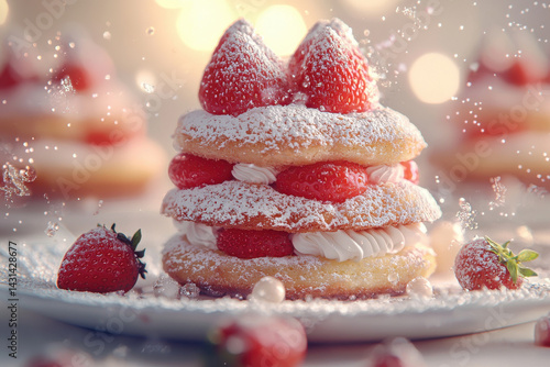 Strawberry shortcake with whipped cream and powdered sugar, festive and sweet