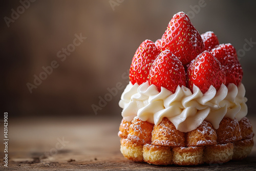 close up of strawberry cream dessert with whipped cream and powdered sugar