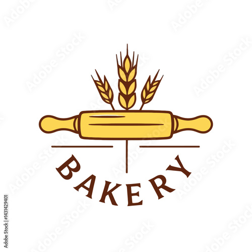 Bakery logo design with wheat and rolling pin for food business branding and bakery shop promotion icon