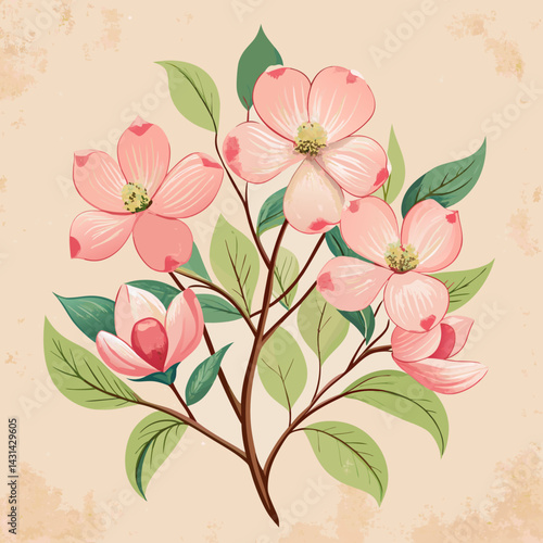 Elegant Pink Dogwood Blossoms Branch Spring Floral Illustration