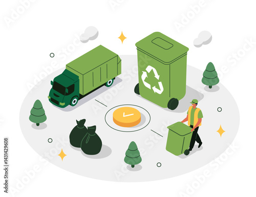 Trash utility, disposal and recycling concept. Waste collector worker wearing uniform pushing a trash bin to garbage truck. Isometric vector illustration.