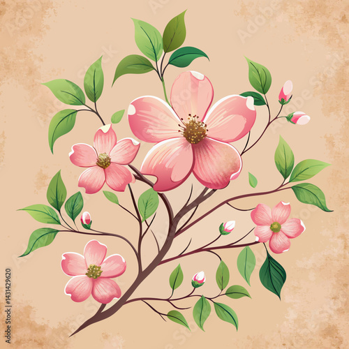 Elegant Pink Dogwood Blossoms Branch Spring Floral Illustration