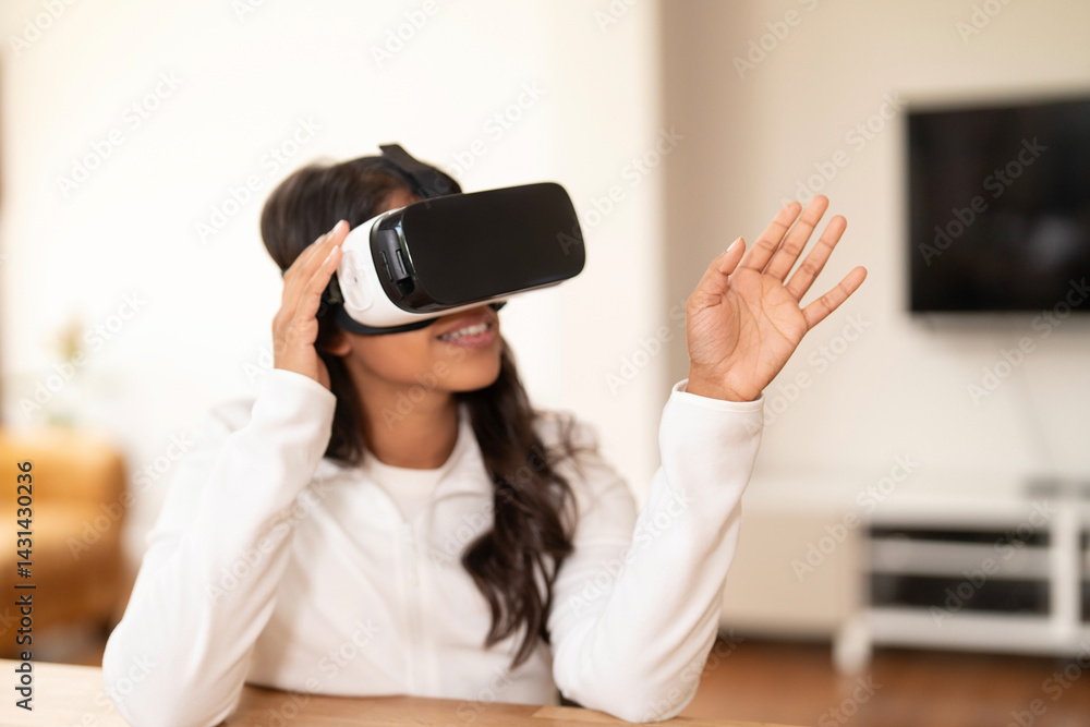 Virtual reality experience engages user in interactive exploration within a cozy indoor setting during bright daylight Virtual reality experience engages user in interactive exploration within a cozy indoor setting during bright daylight