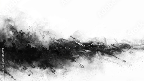 Abstract black ink swirls on a white background. Digital art for design of black ink chinese brushstroke floating in transparent liquid. Close up black ink splashing and spreading at surface. AIG53.