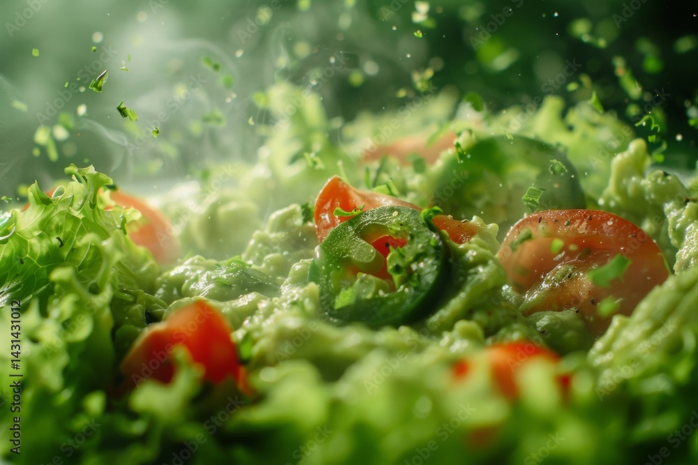 Close up shot capturing the texture and freshness of guacamole with and diced tomatoes Close up shot capturing the texture and freshness of guacamole with and diced tomatoes