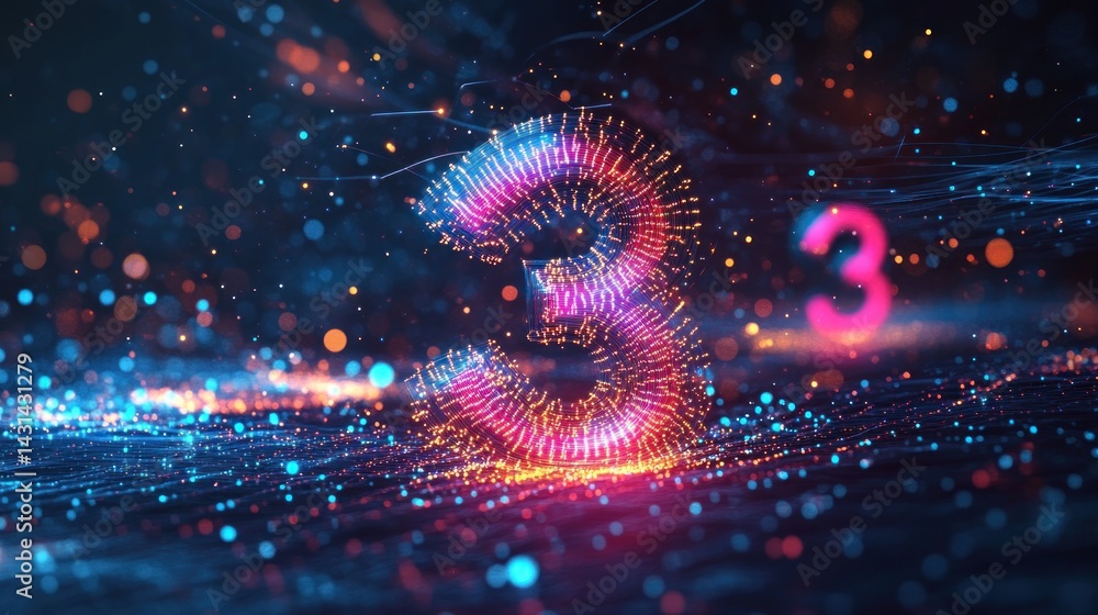 Fototapeta premium Digital Number Three. Abstract, glowing, 3D design