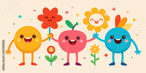 Happy Fruit and Flower Friends Holding Hands Together