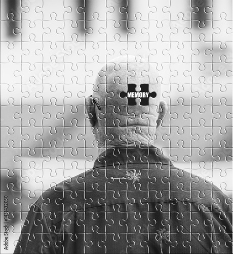 Принти на полотні Elderly man with missing memory puzzle piece – concept of dementia, alzheimer’s,