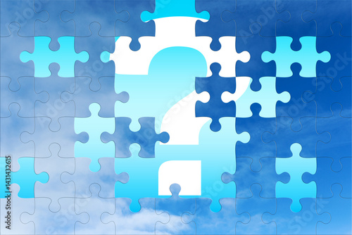 Missing puzzle piece with question mark on blue sky background