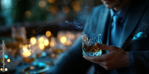 Elegant gentleman enjoying a whiskey drink in a warmly lit lounge during an evening gathering