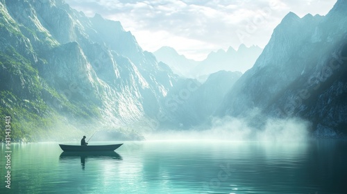 Wallpaper Mural Serene mountain lake, tranquil fishing scene Torontodigital.ca