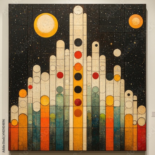 Abstract painting featuring geometric shapes planets and stars against a dark background.