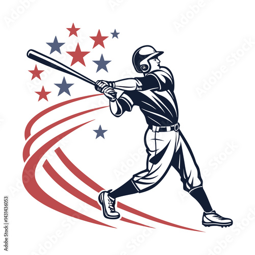 Baseball Player Swinging Bat with Stars – Athletic Logo or Sports Team Illustration .