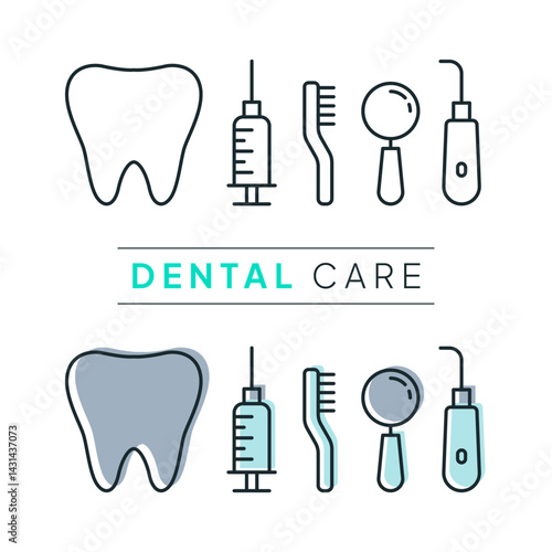 Flat line and filled icons of dental care tools with tooth illustration. Great for dentistry clinic posters, oral hygiene education, and healthcare design with clean modern style