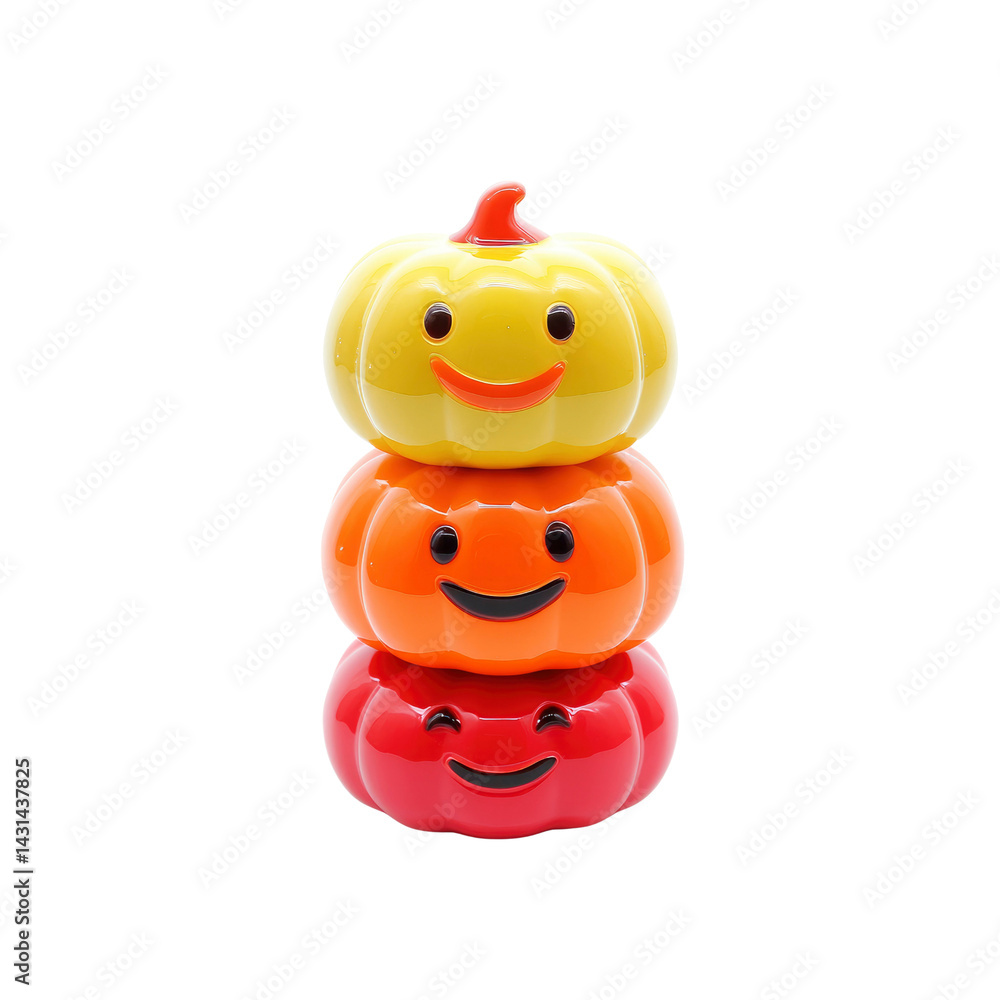 Fototapeta premium Stack of Three Smiling Pumpkins in Yellow, Orange, and Red