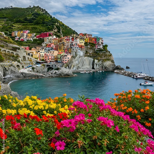 Coastal village on cliff with flowers