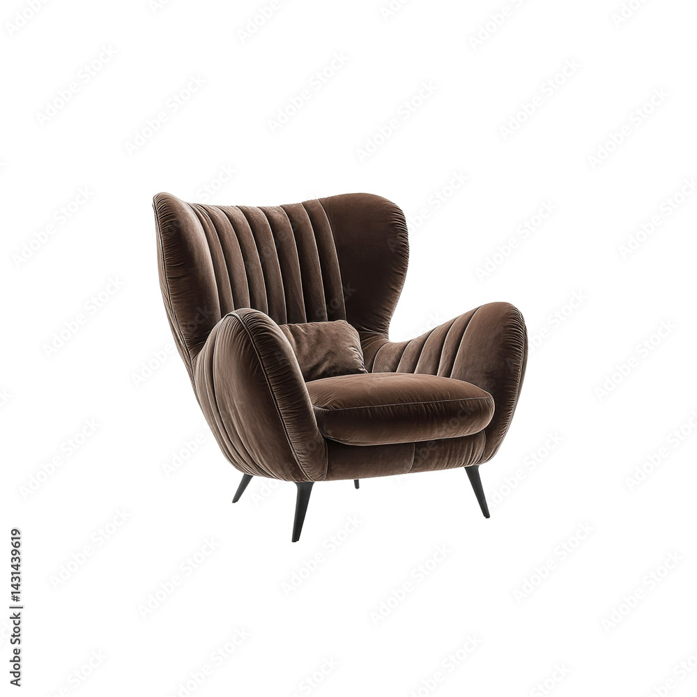 Fototapeta premium Luxurious Brown Velvet Armchair with Channel Tufting and Sleek Black Legs