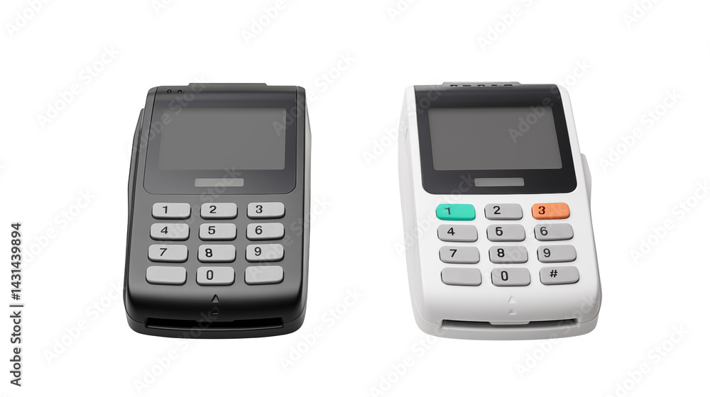 Two point of sale terminals one gray and one white isolated on transparent background Two point of sale terminals one gray and one white isolated on transparent background