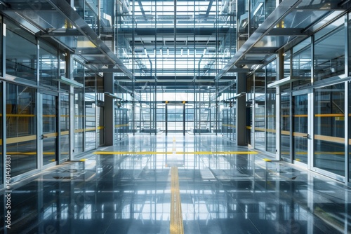 Interior of a modern industrial building with metal structures and yellow markings