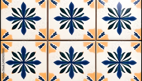 Six white, blue, and orange ceramic tiles with a floral pattern