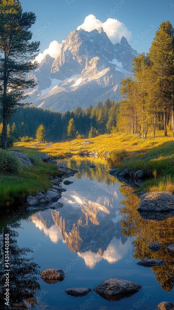 Fototapeta premium Mountain reflection in water surrounded by trees on a sunny day.