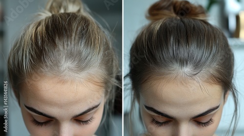 Transformation of hair color with root touch-up at home, showcasing before and after results in a bright indoor setting