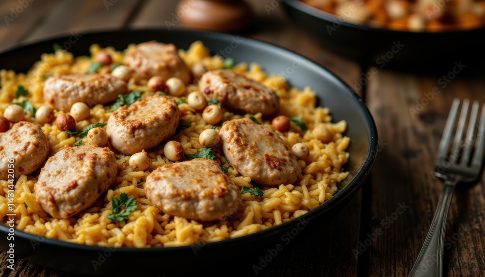 Delicious Chicken and Rice Dish Cozy Kitchen Food Photography Rustic Environment Close-up View Culinary Delight