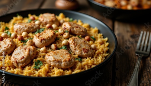 Obraz na płótnie Delicious Chicken and Rice Dish Cozy Kitchen Food Photography Rustic Environment Close-up View Culinary Delight w salonie