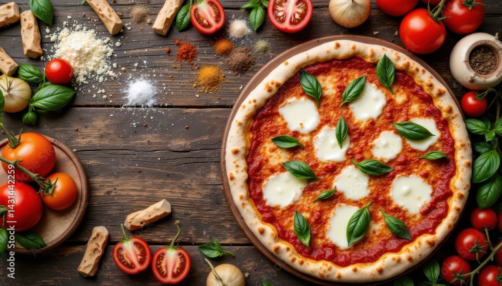 Delicious Pizza Creation Kitchen Food Photography Rustic Setting Overhead View Culinary Art