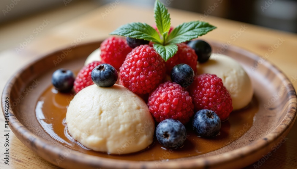 Delightful Dessert Creamy Vanilla Mousse with Berries Rustic Kitchen Food Photography Cozy Atmosphere Close-Up Shot