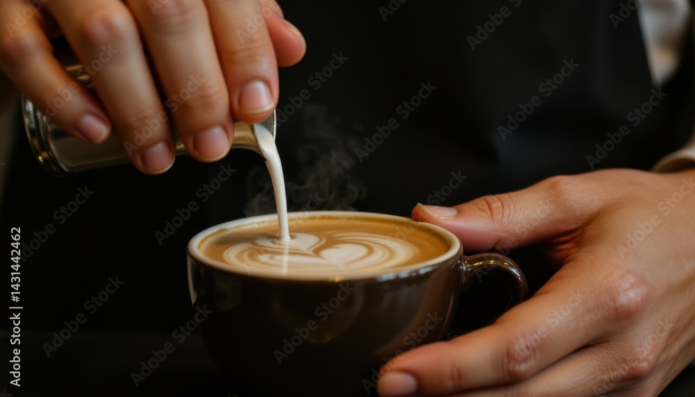 Pouring Cream into Coffee Cup Cafe Setting Beverage Photography Cozy Environment Close-up View Art of Coffee