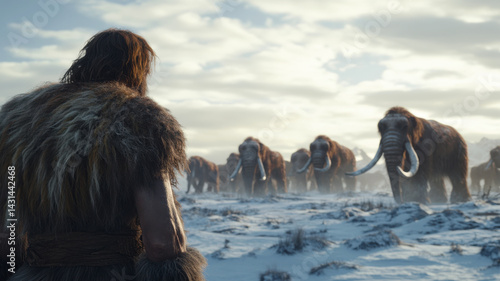 Prehistoric man facing advancing woolly mammoths in snowy landscape under cloudy sky illustrating ice age encounter
