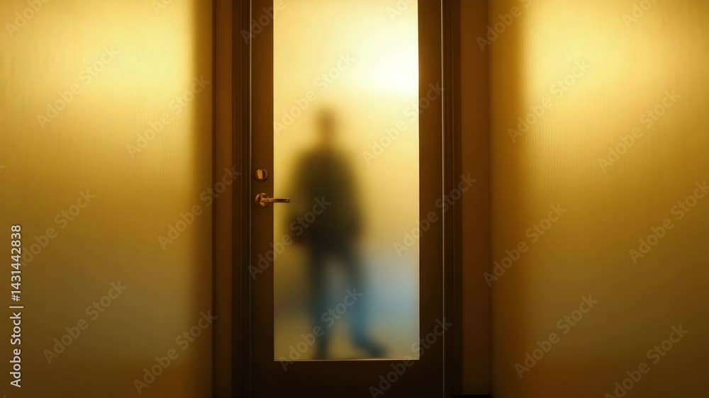 A dimly lit hallway with a frosted glass door leading to an unknown room, a unknown person arguing with another, intense climax horror film scene A dimly lit hallway with a frosted glass door leading to an unknown room, a unknown person arguing with another, intense climax horror film scene