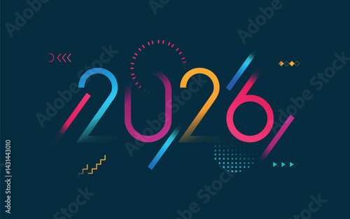 Happy New Year 2026 greeting card with fireworks and colored numbers on texture background 