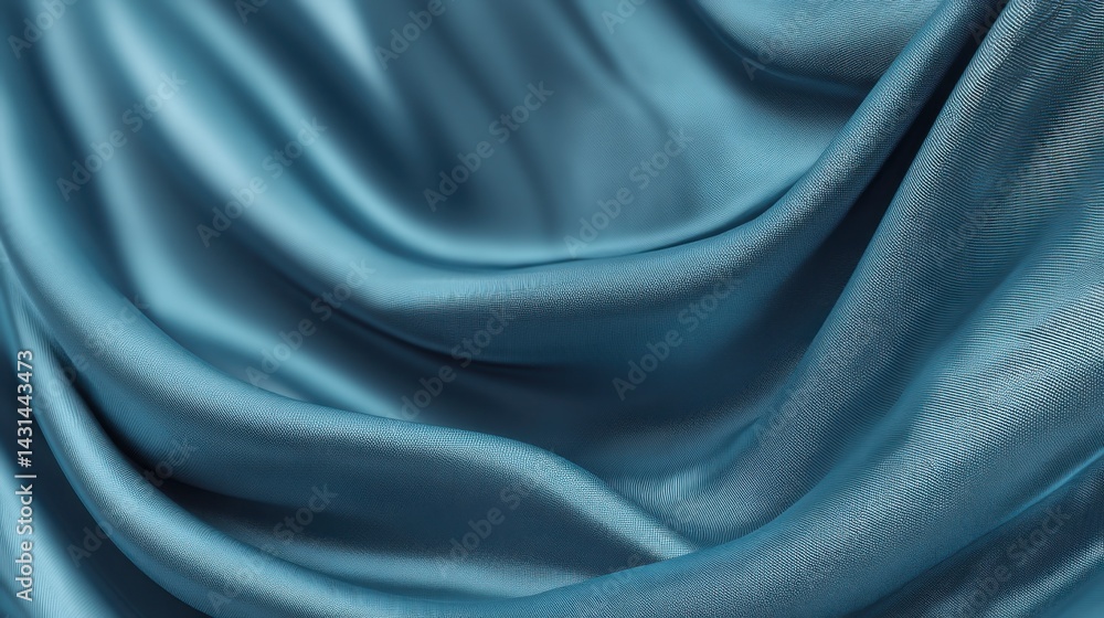 Fototapeta premium Smooth flowing blue silk fabric close-up with soft folds