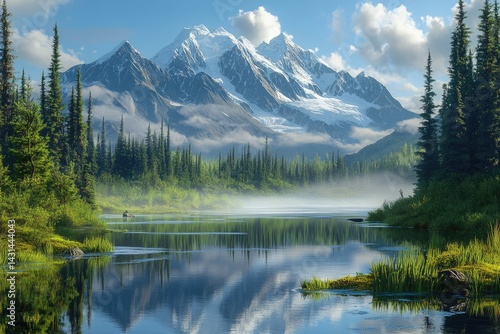 Mountain range reflects in a lake surrounded by trees and vegetation scenic view.
