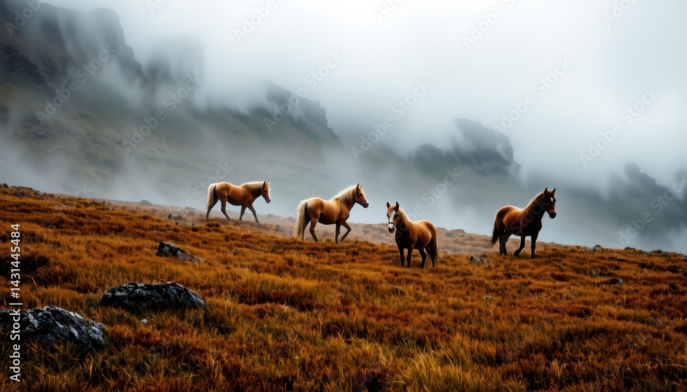 Wild Horses Roaming the Misty Highlands Nature Landscape Photography Serene Environment Captivating View