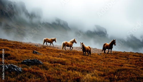 Obraz na płótnie Wild Horses Roaming the Misty Highlands Nature Landscape Photography Serene Environment Captivating View w salonie