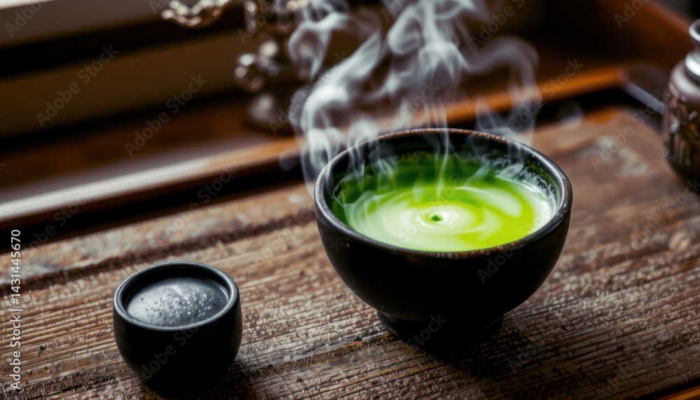 Steaming Matcha Tea Preparation Japanese Tea Room Beverage Art Cozy Atmosphere Close-Up View Traditional Culture