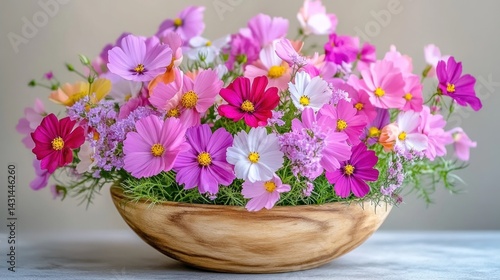 Wallpaper Mural Colorful cosmos flowers in wooden bowl, spring bouquet, table setting, pastel background, home decor Torontodigital.ca