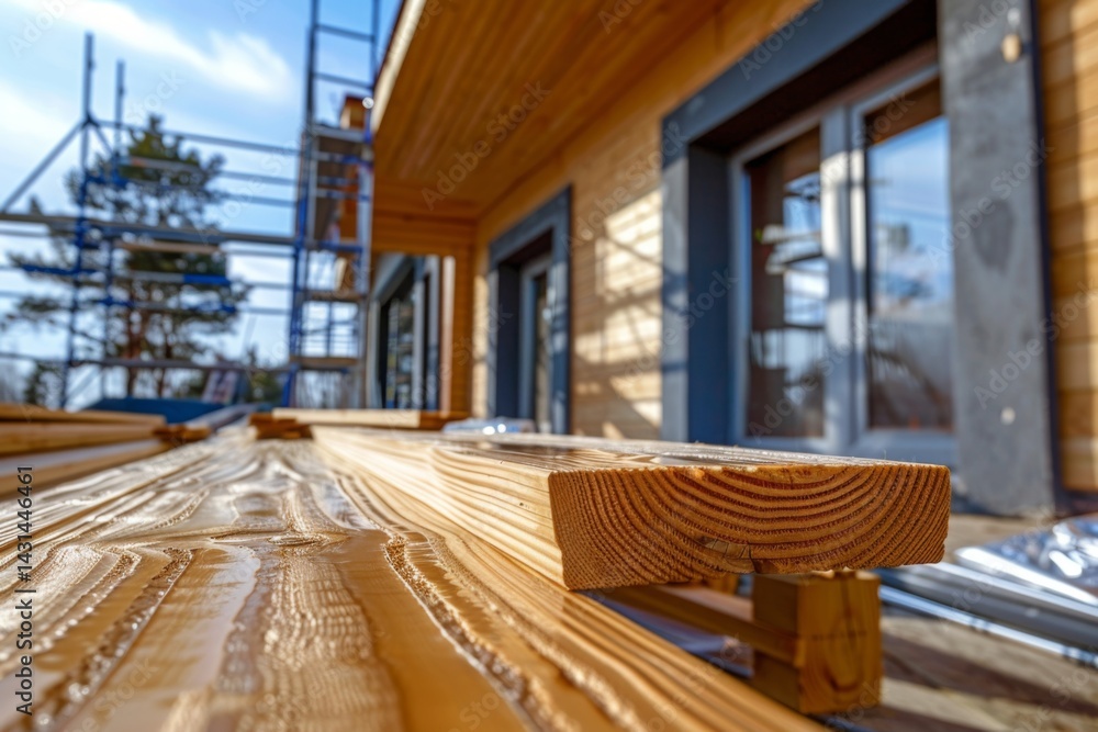 Fototapeta premium Pine planks get varnish outside new house