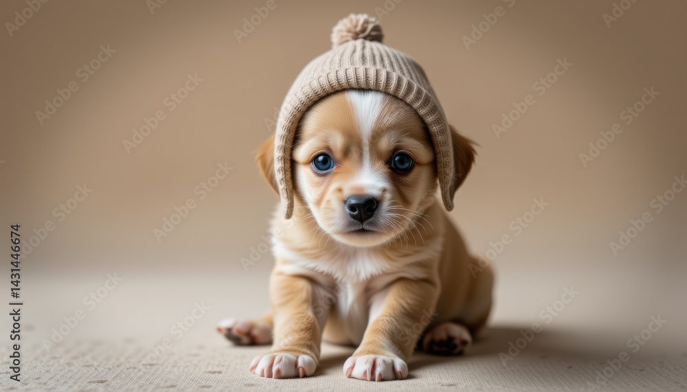 Cute Puppy Wearing a Knitted Hat Indoor Setting Portrait Style Warm Atmosphere Adorable Concept