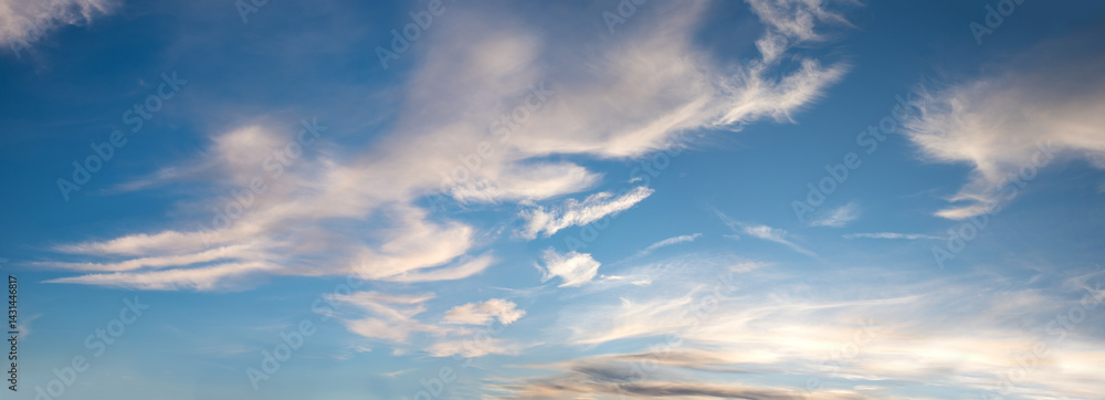 sky panorama with high cirrus clouds, lighted from sinking sun