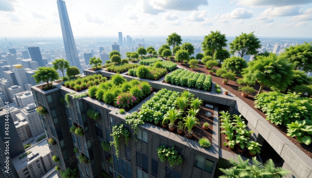 Urban Rooftop Farming Initiative City Skyline Aerial View Sustainable Design Green Architecture