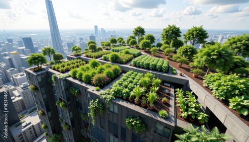 Obraz na płótnie Urban Rooftop Farming Initiative City Skyline Aerial View Sustainable Design Green Architecture w salonie