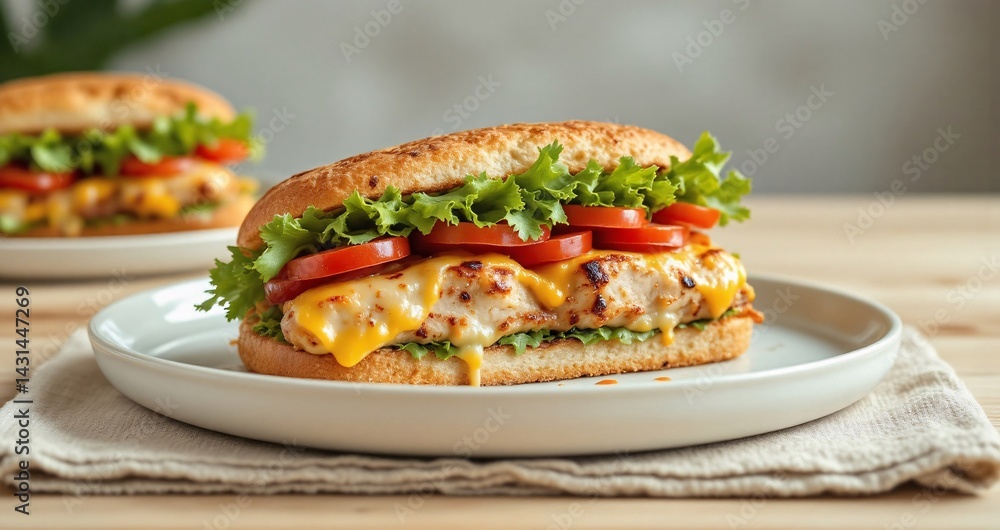 Modern grilled chicken sandwich with clean setup. Served on white plate and linen napkin. Light wood table and soft blur make it great for commercial use. Modern grilled chicken sandwich with clean setup. Served on white plate and linen napkin. Light wood table and soft blur make it great for commercial use.