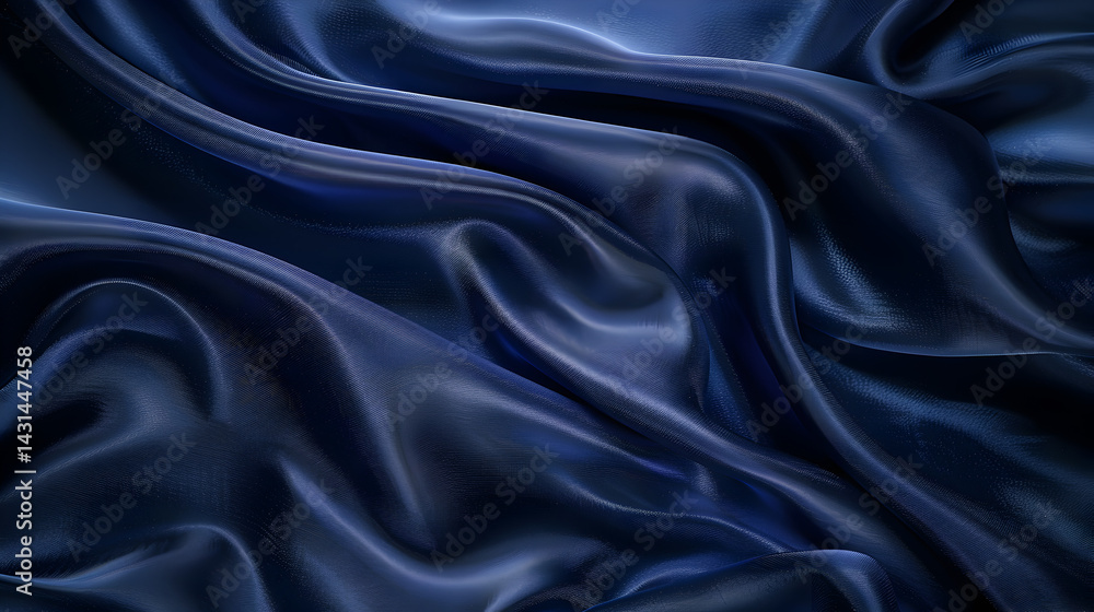 Fototapeta premium Dark blue satin fabric with soft folds creating a luxurious and elegant textile background texture