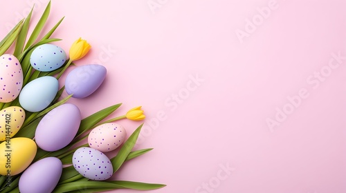 Colorful Easter eggs and tulips on a pink background with copy space