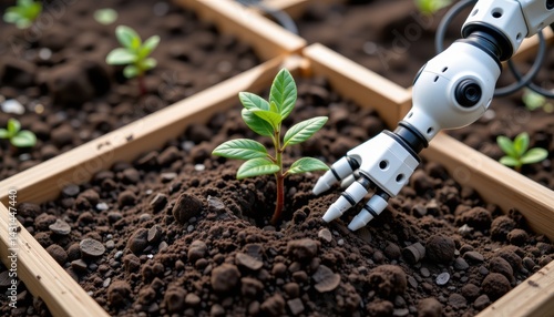 Robotic Arm Assisting Plant Growth in Indoor Garden Technology Innovation Close-up View Futuristic Concept