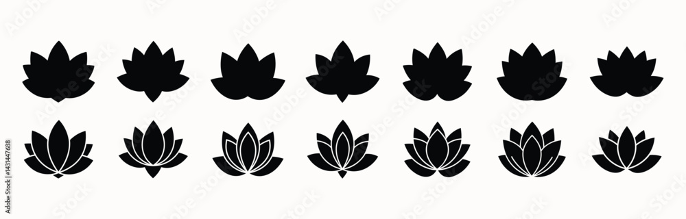 Fototapeta premium Lotus Flower Silhouette Icon Set – Collection of Minimalist Floral Vector Illustrations for Logos, Tattoos, and Decorative Design